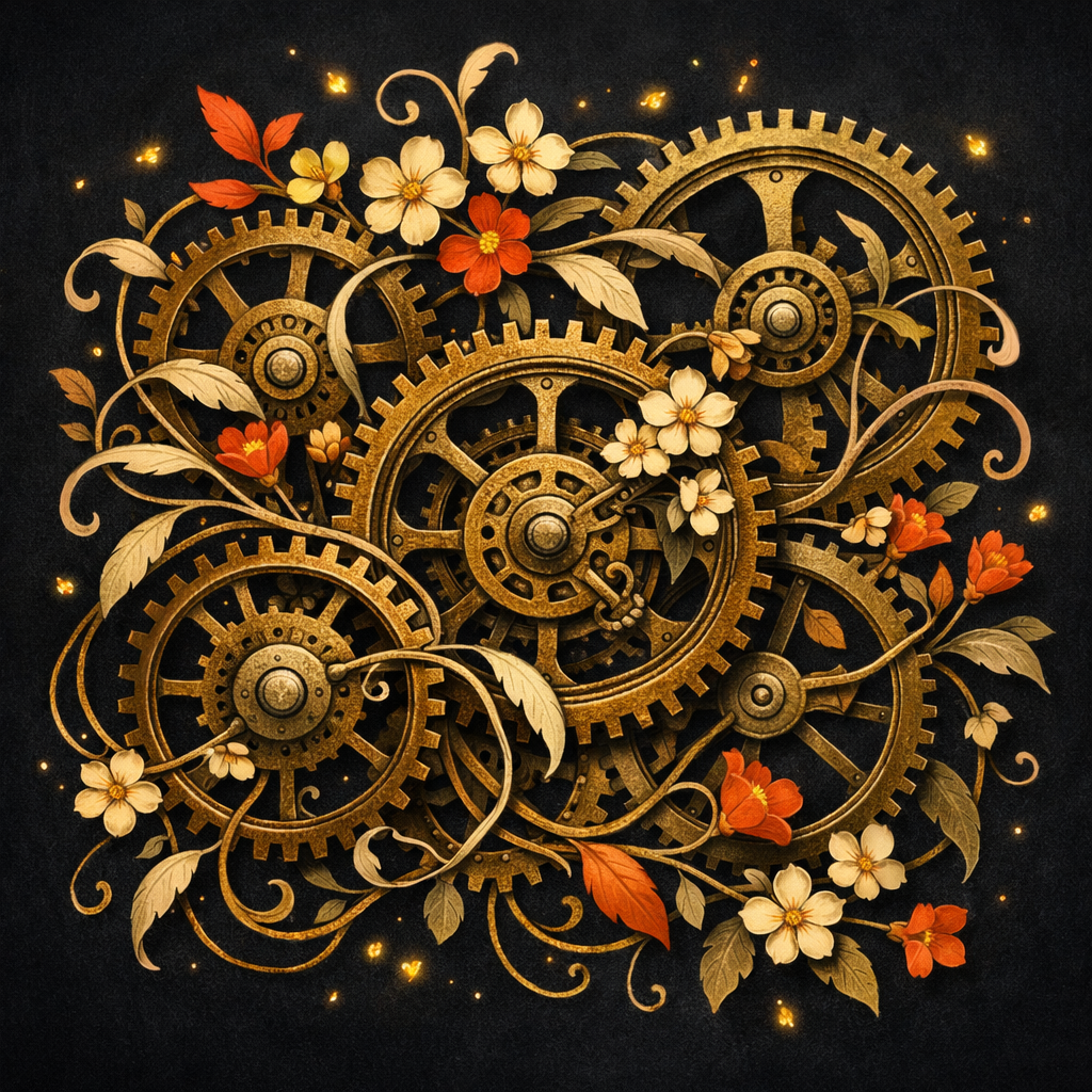 Interlocking gears with vine tendrils
